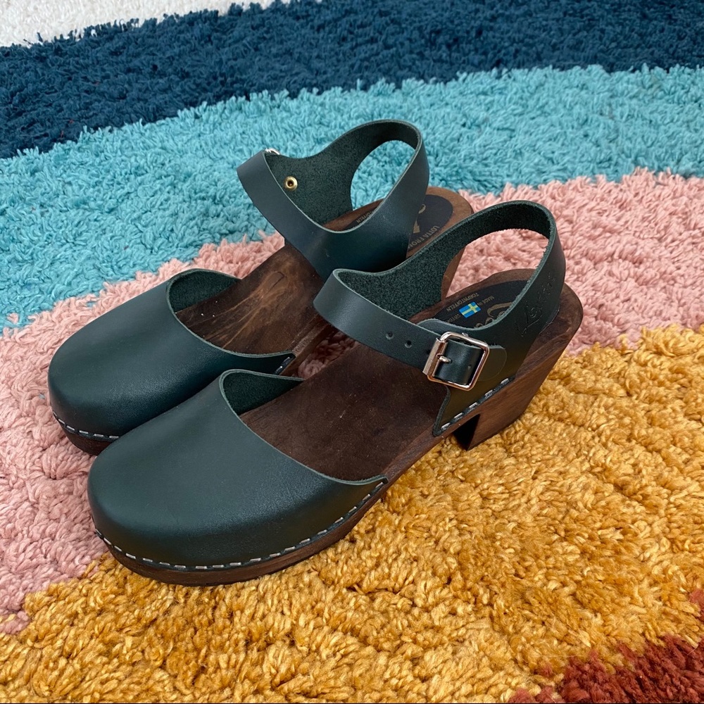 Lotta From Stockholm Dark Green Leather Clog Sandals